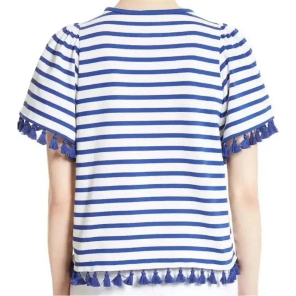 Kate Spade Broome Street Flutter Sleeve Top Tassels‎ Striped | Blue White | SZ L